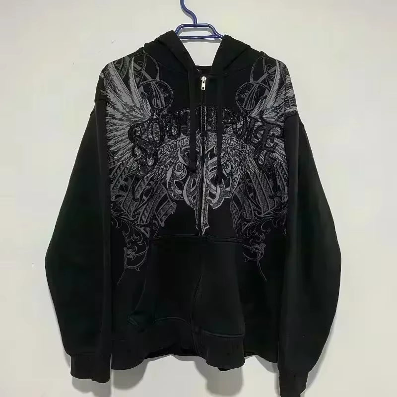 American Street Hip Hop Joker Fur Collar Zipper Hoodie Women Harajuku Y2K New Fashion Vintage Sweatshirt Unisex Punk Warm Hoodie