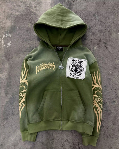 American Street Hip Hop Joker Fur Collar Zipper Hoodie Women Harajuku Y2K New Fashion Vintage Sweatshirt Unisex Punk Warm Hoodie