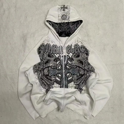 American Street Hip Hop Joker Fur Collar Zipper Hoodie Women Harajuku Y2K New Fashion Vintage Sweatshirt Unisex Punk Warm Hoodie
