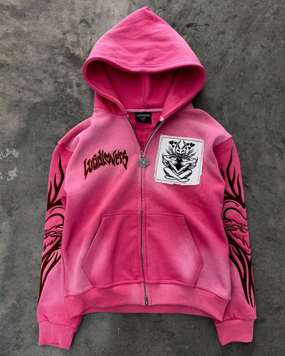 American Street Hip Hop Joker Fur Collar Zipper Hoodie Women Harajuku Y2K New Fashion Vintage Sweatshirt Unisex Punk Warm Hoodie